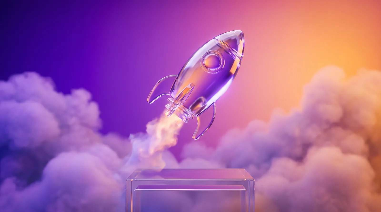 Tremplin 3D en cristal translucide sur fond dégradé violet et ambre, symbole du lancement en freelance marketing