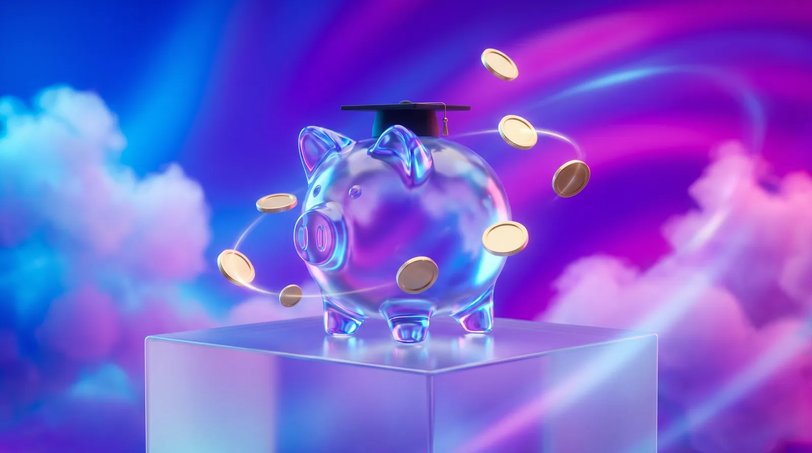 Tirelire 3D en cristal translucide coiffée d une toque de diplômé, pièces dorées en suspension sur fond dégradé bleu et violet, symbole du budget CPF formation