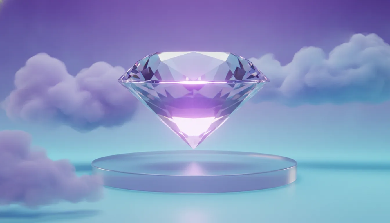 Diamant en cristal translucide avec lumière intérieure violette, fond dégradé violet vers cyan