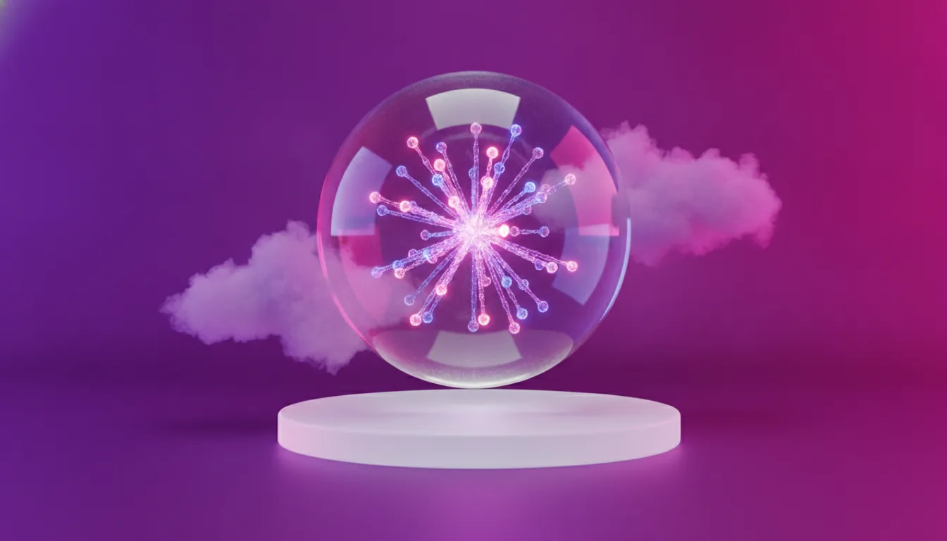 Sphère en cristal translucide avec réseau de nœuds lumineux intérieurs, fond dégradé violet intense vers magenta