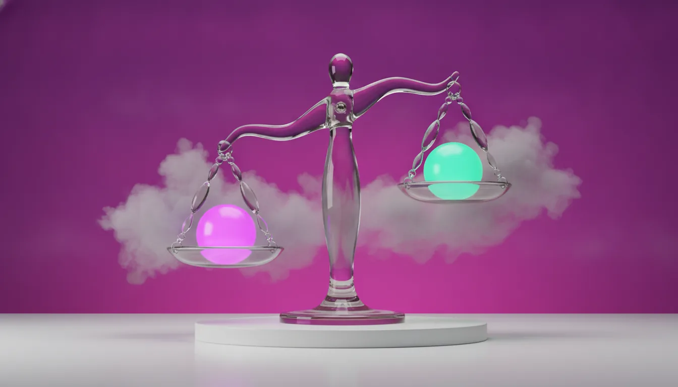 Balance 3D en cristal translucide avec orbites lumineuses violettes et émeraude sur fond dégradé violet et magenta