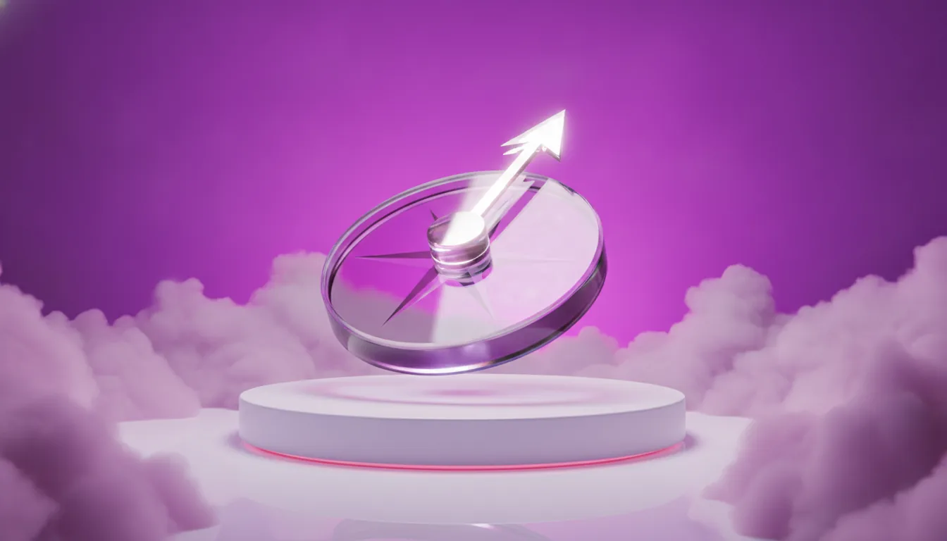 Boussole 3D en cristal translucide avec flèche ascendante, posée sur fond dégradé violet et magenta, symbolisant la reconversion professionnelle vers le marketing