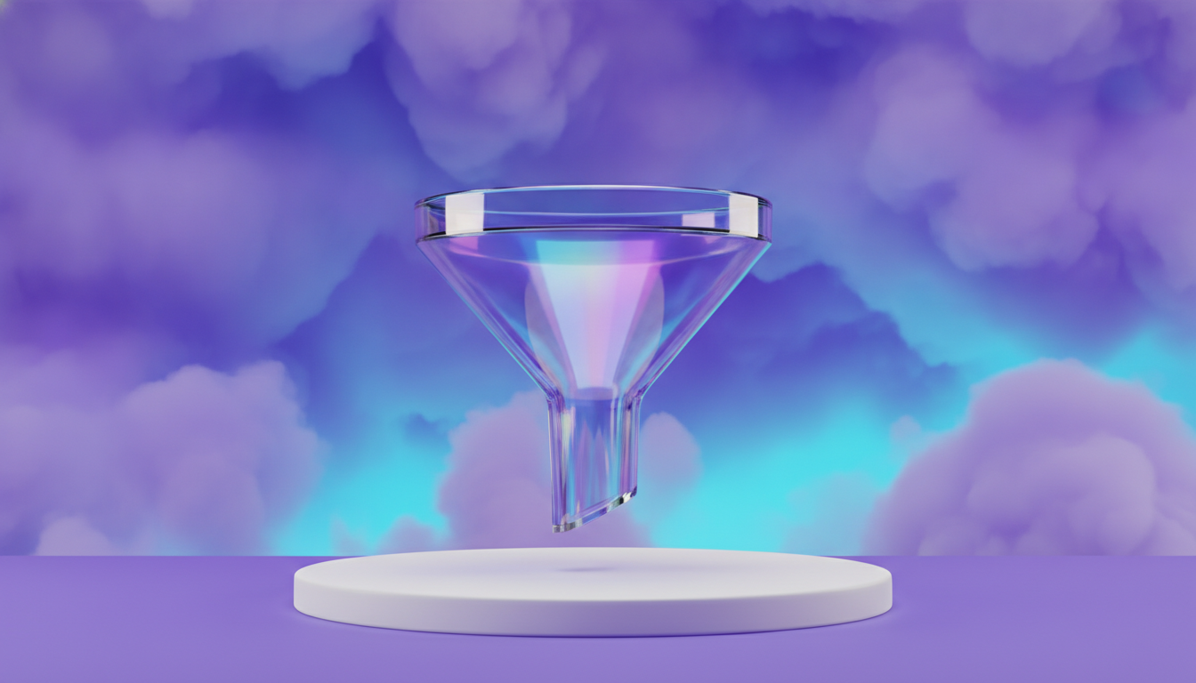 Entonnoir 3D translucide en verre avec des rayons lumineux qui le traversent, fond dégradé violet et cyan vif
