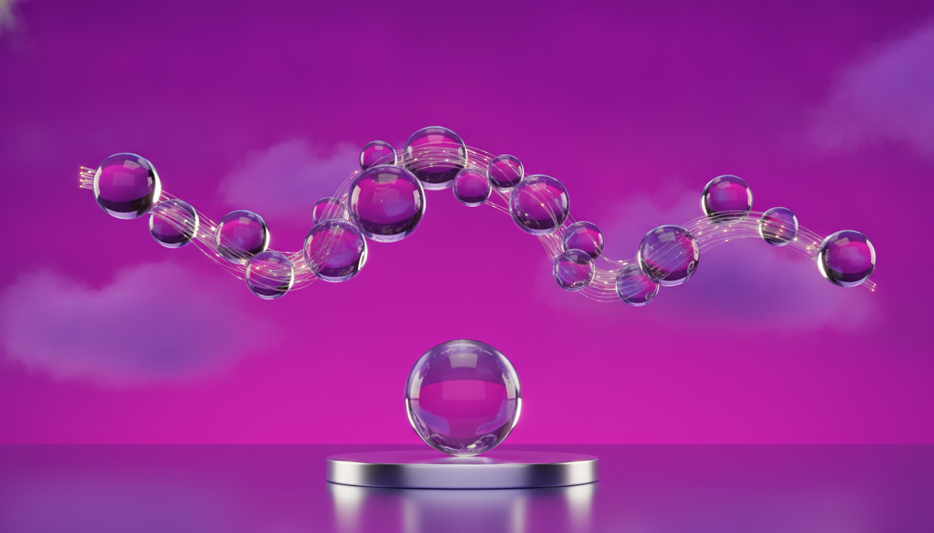 Groupe de sphères 3D translucides en verre reliées par des fils lumineux, sur fond dégradé violet intense vers magenta