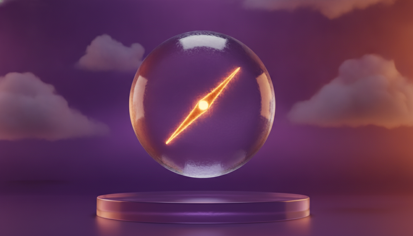 Boussole 3D en cristal translucide avec aiguille lumineuse, fond dégradé ambre et violet vif, symbole du lancement d'une activité de consultant marketing indépendant