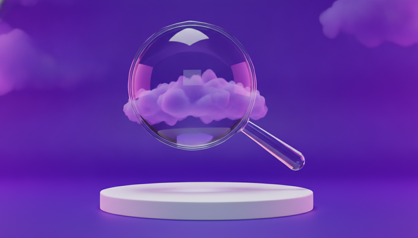 Loupe 3D en cristal translucide sur fond dégradé violet profond et indigo