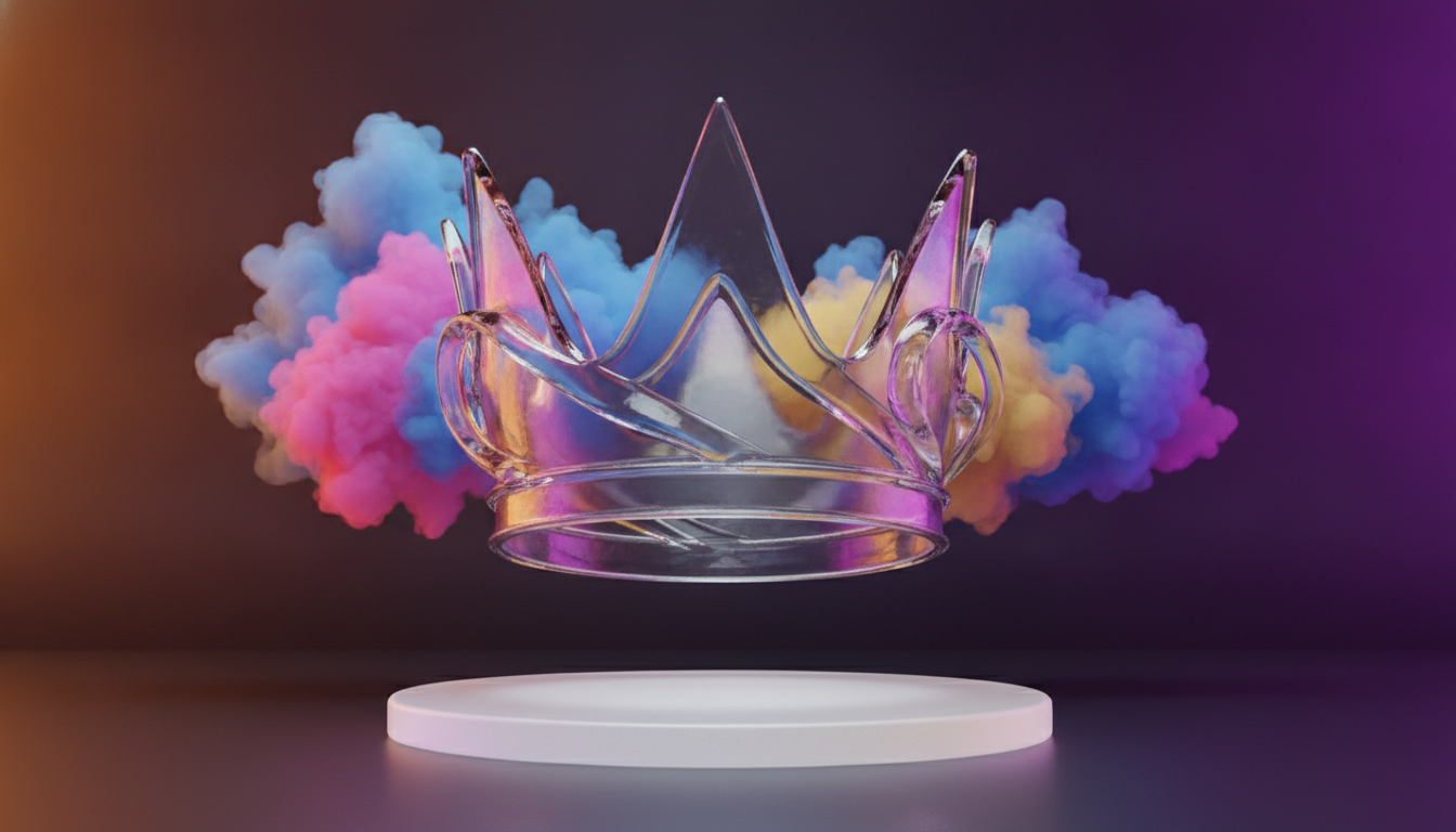 Couronne 3D en verre et cristal sur fond dégradé ambre et violet représentant la direction marketing