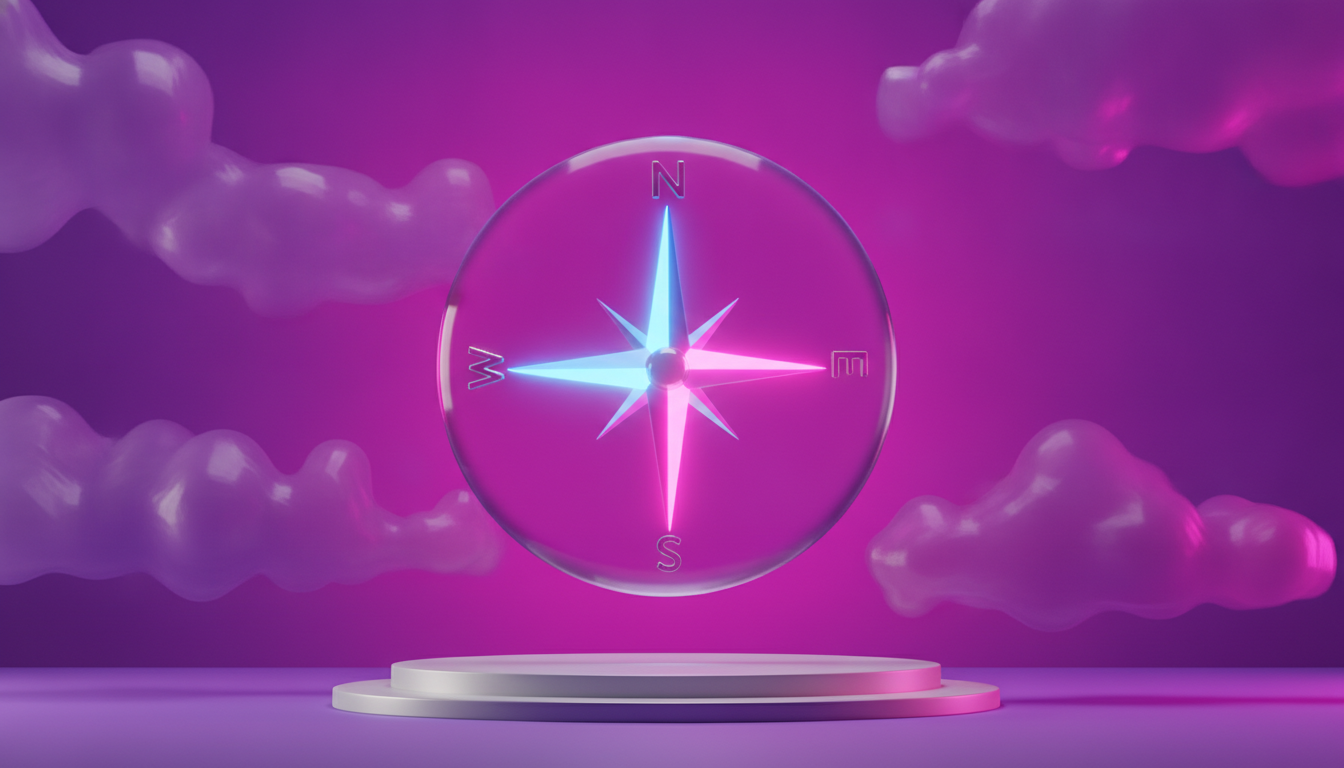 Boussole 3D cristalline avec quatre aiguilles lumineuses pointant dans différentes directions, sur fond dégradé violet et magenta vibrant