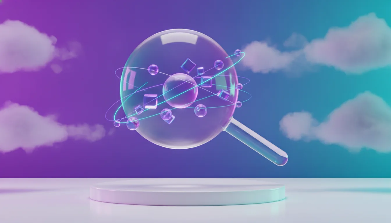 Loupe 3D translucide en verre avec flux de données, fond dégradé violet et teal