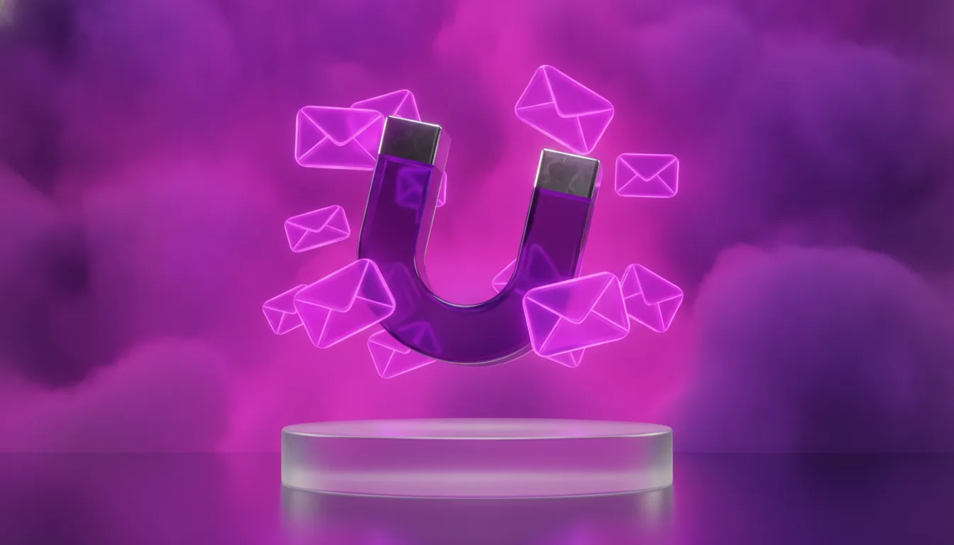 Un aimant 3D en cristal violet attirant des enveloppes email lumineuses sur fond dégradé violet et magenta